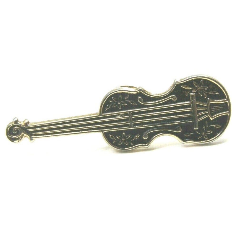 Lapel Pin Cello, Bass Guitar Gold w/ Black Floral Design - Music Lovers Gift